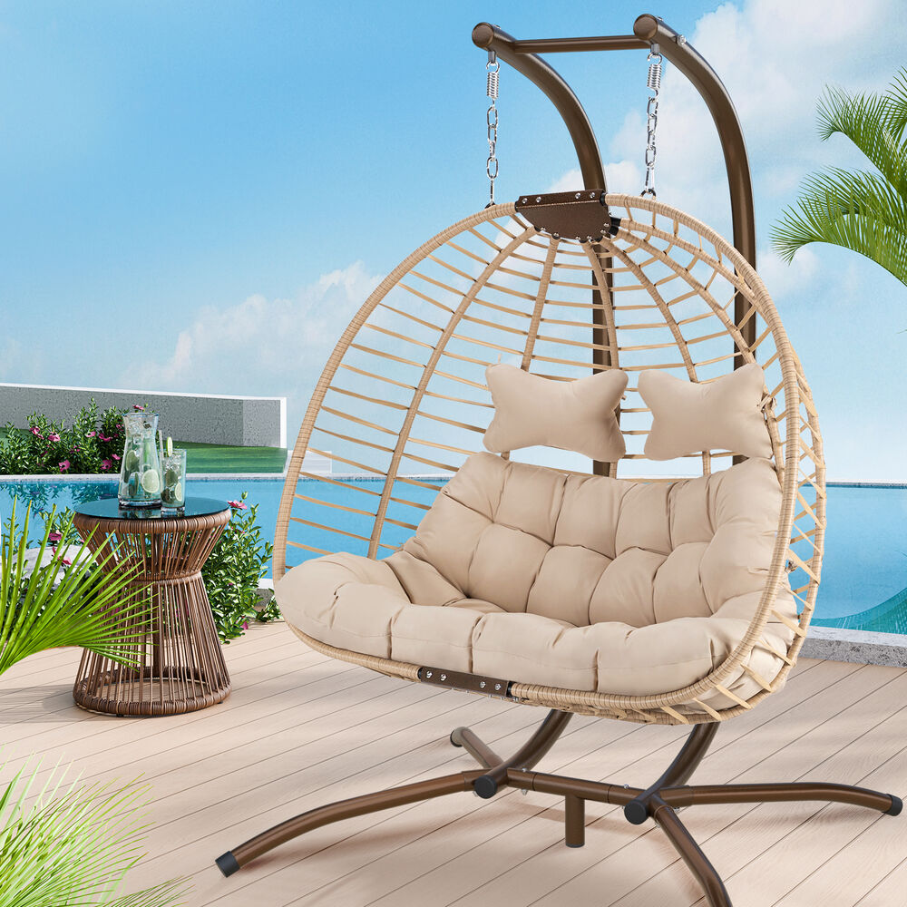 ALFORDSON Outdoor 2 Seater Egg Chair Wicker Rattan Pod Hanging Swing Beige