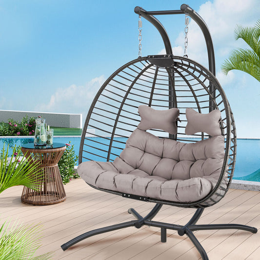 ALFORDSON Outdoor 2 Seater Egg Chair Wicker Rattan Pod Hanging Swing Light Grey