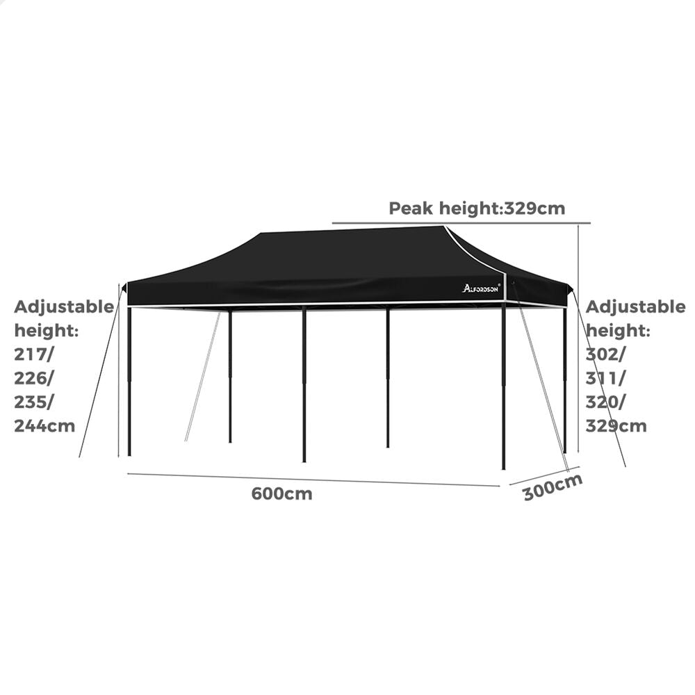 ALFORDSON Gazebo 6x3m Pop Up Marquee 600D Oxford Folding Outdoor Tent Black