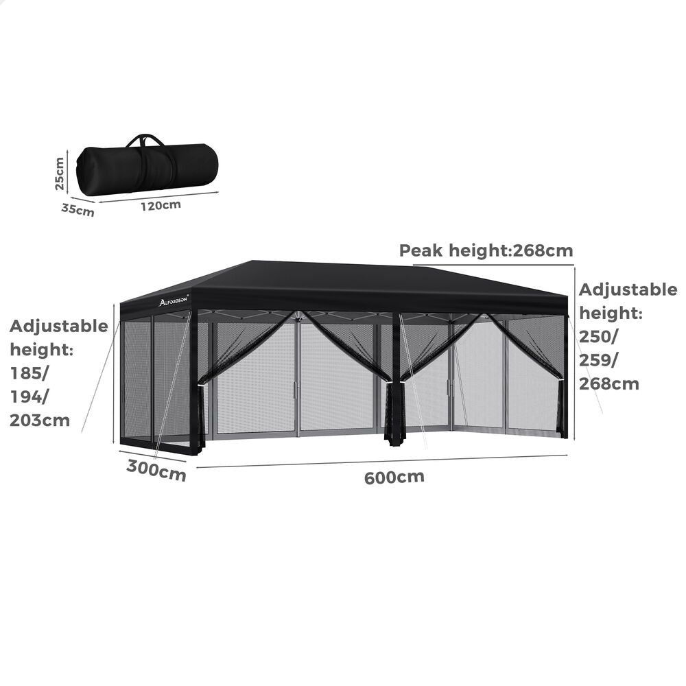 3x6m Gazebo ALFORDSON Pop Up Marquee Outdoor Tent Mesh Wall Black