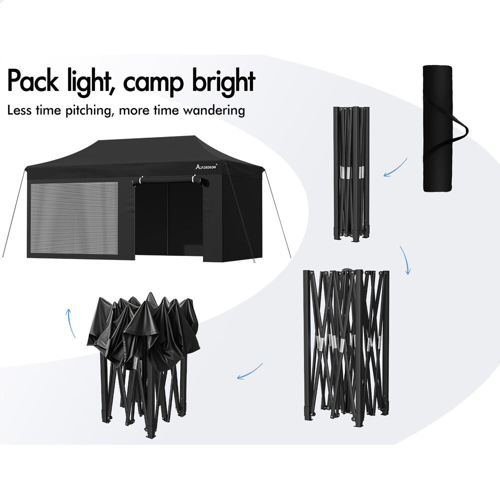 ALFORDSON Gazebo 6x3m Pop Up Marquee 600D Oxford Folding Camping Tent Black