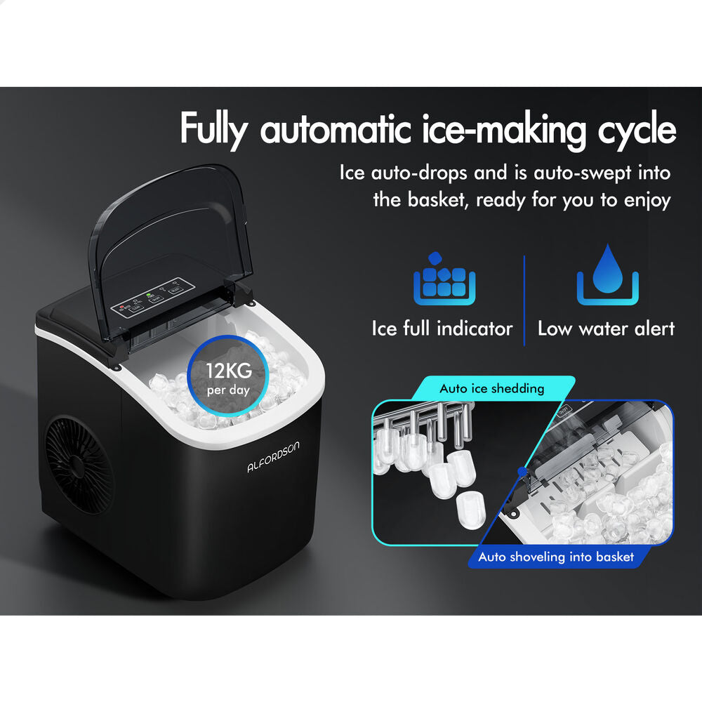 ALFORDSON Portable Ice Maker Machine Bar Countertop 12kg Ice Cube Tray Black