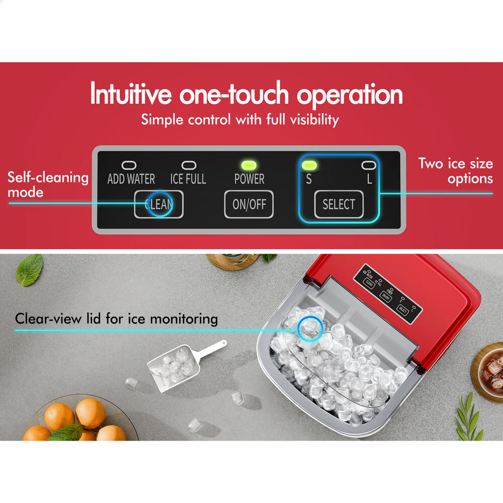 ALFORDSON Portable Ice Maker Machine Countertop 12kg Ice Cube Tray Red