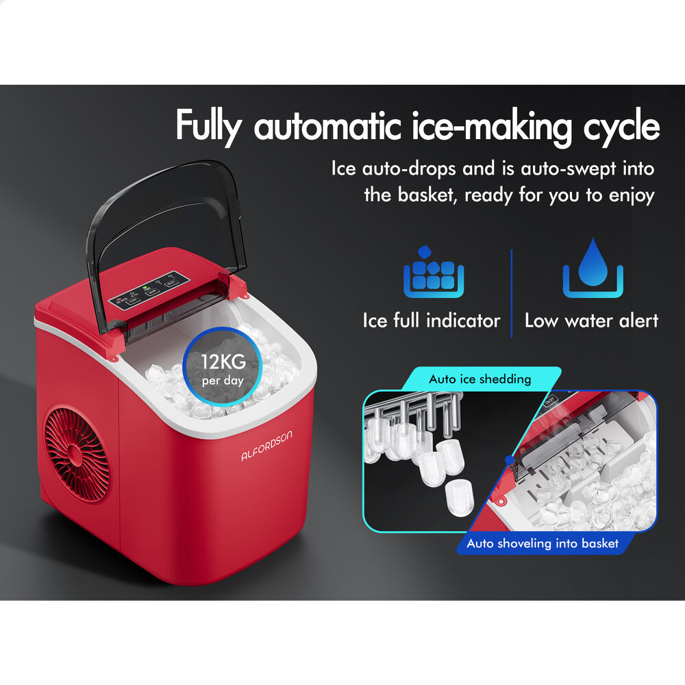 ALFORDSON Portable Ice Maker Machine Countertop 12kg Ice Cube Tray Red