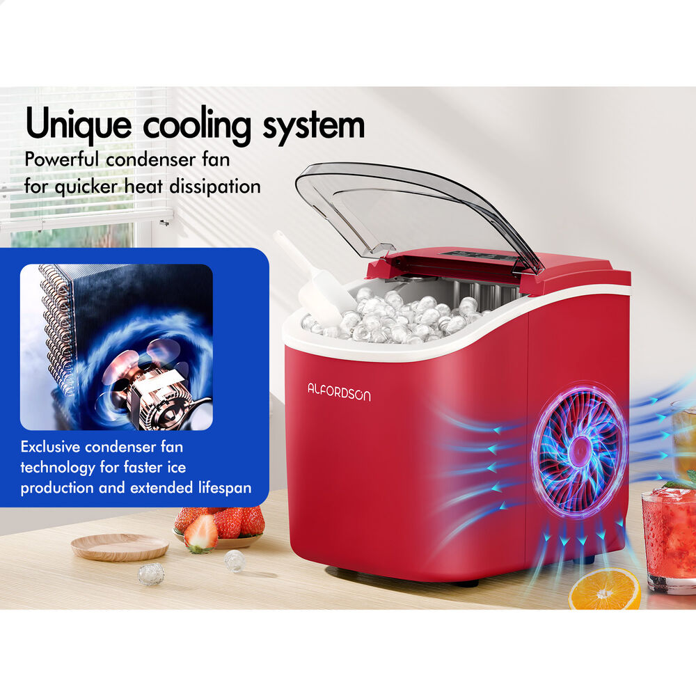 ALFORDSON Portable Ice Maker Machine Countertop 12kg Ice Cube Tray Red