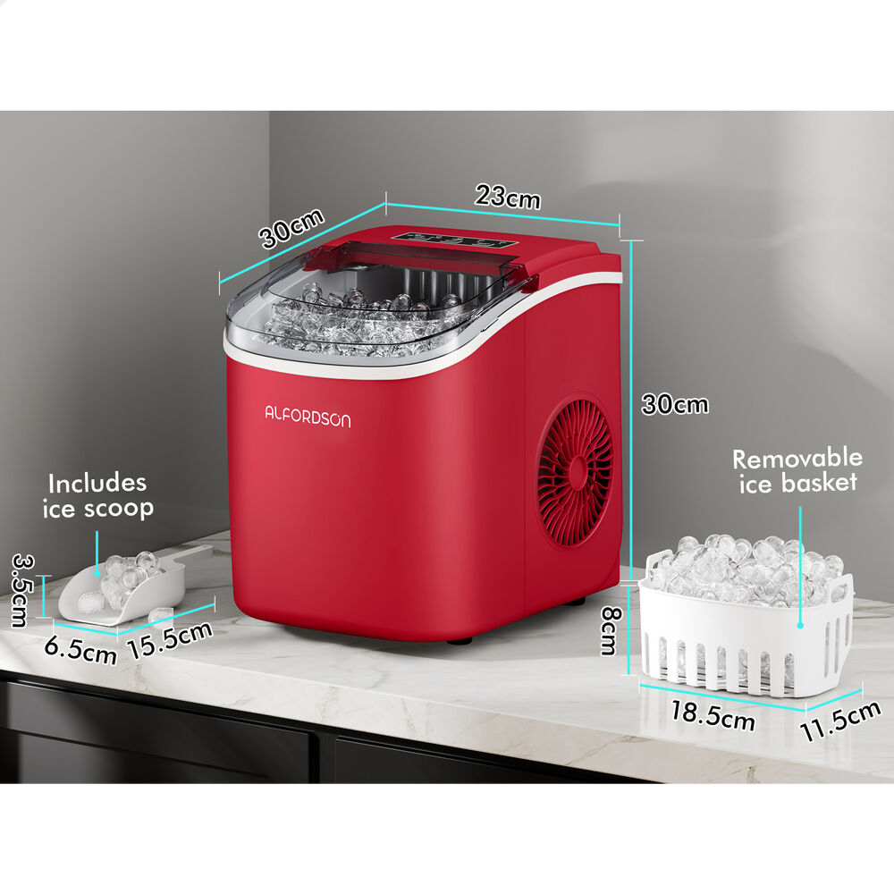 ALFORDSON Portable Ice Maker Machine Countertop 12kg Ice Cube Tray Red