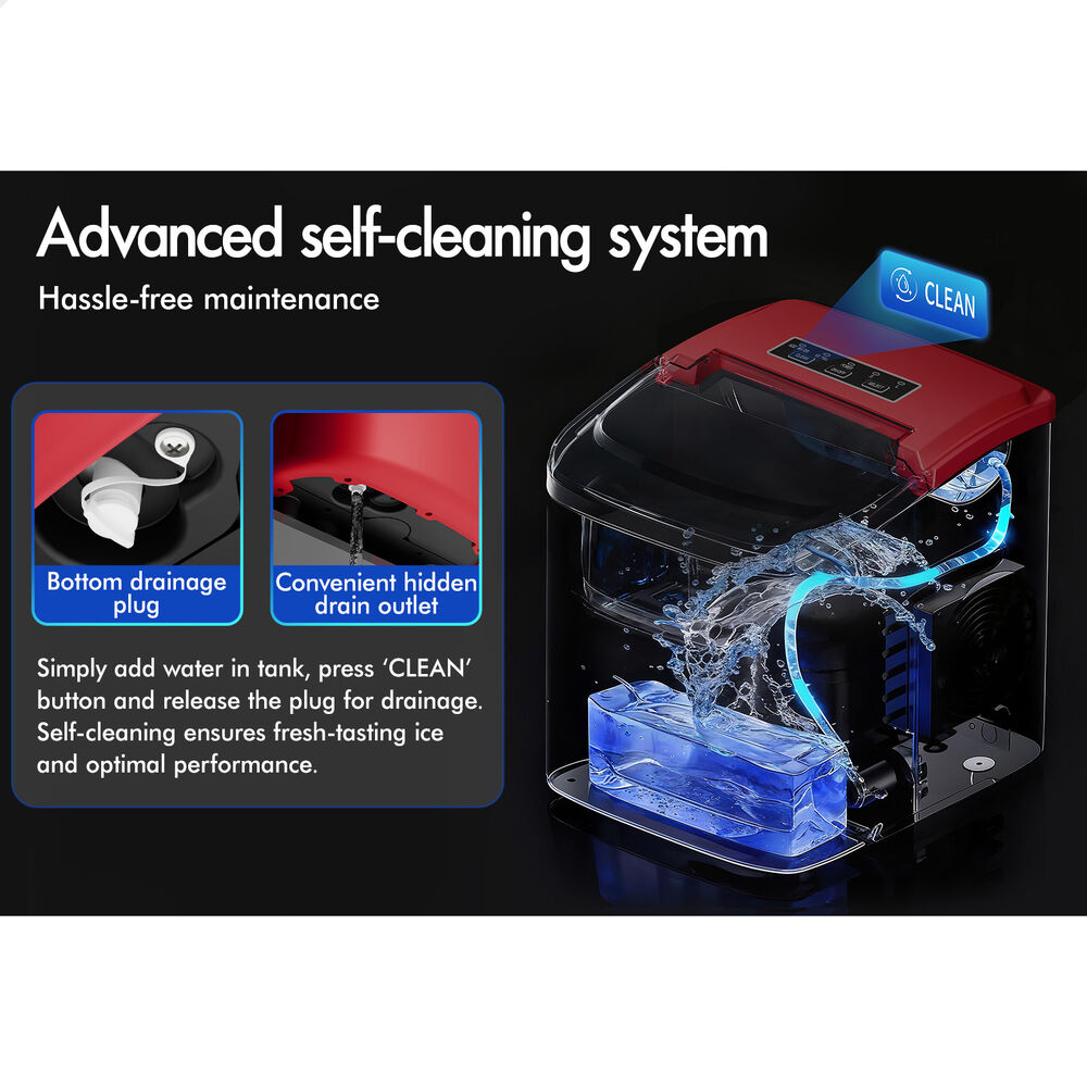 ALFORDSON Portable Ice Maker Machine Countertop 12kg Ice Cube Tray Red