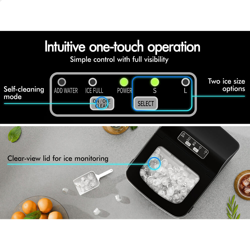 ALFORDSON Ice Maker Machine Commercial Portable 12kg Ice Cube Tray 2.2L Black