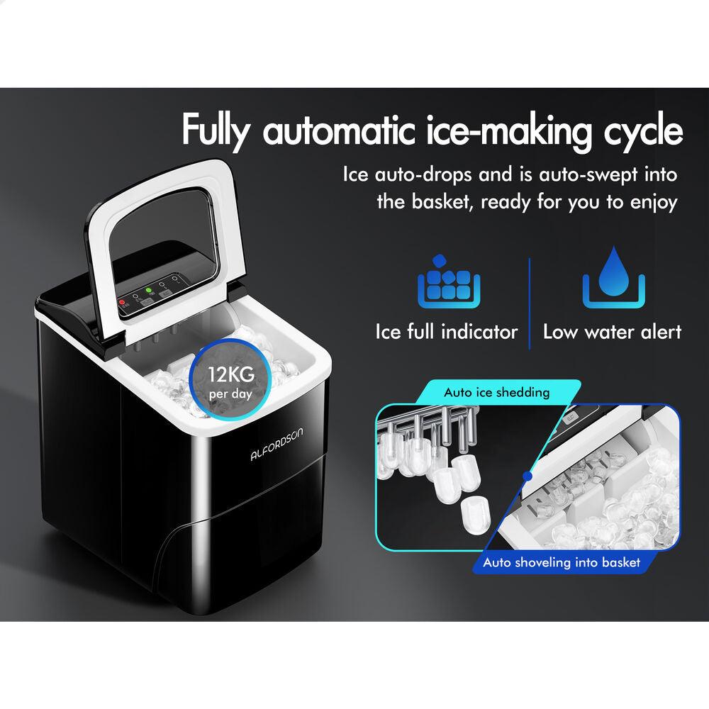 ALFORDSON Ice Maker Machine Commercial Portable 12kg Ice Cube Tray 2.2L Black