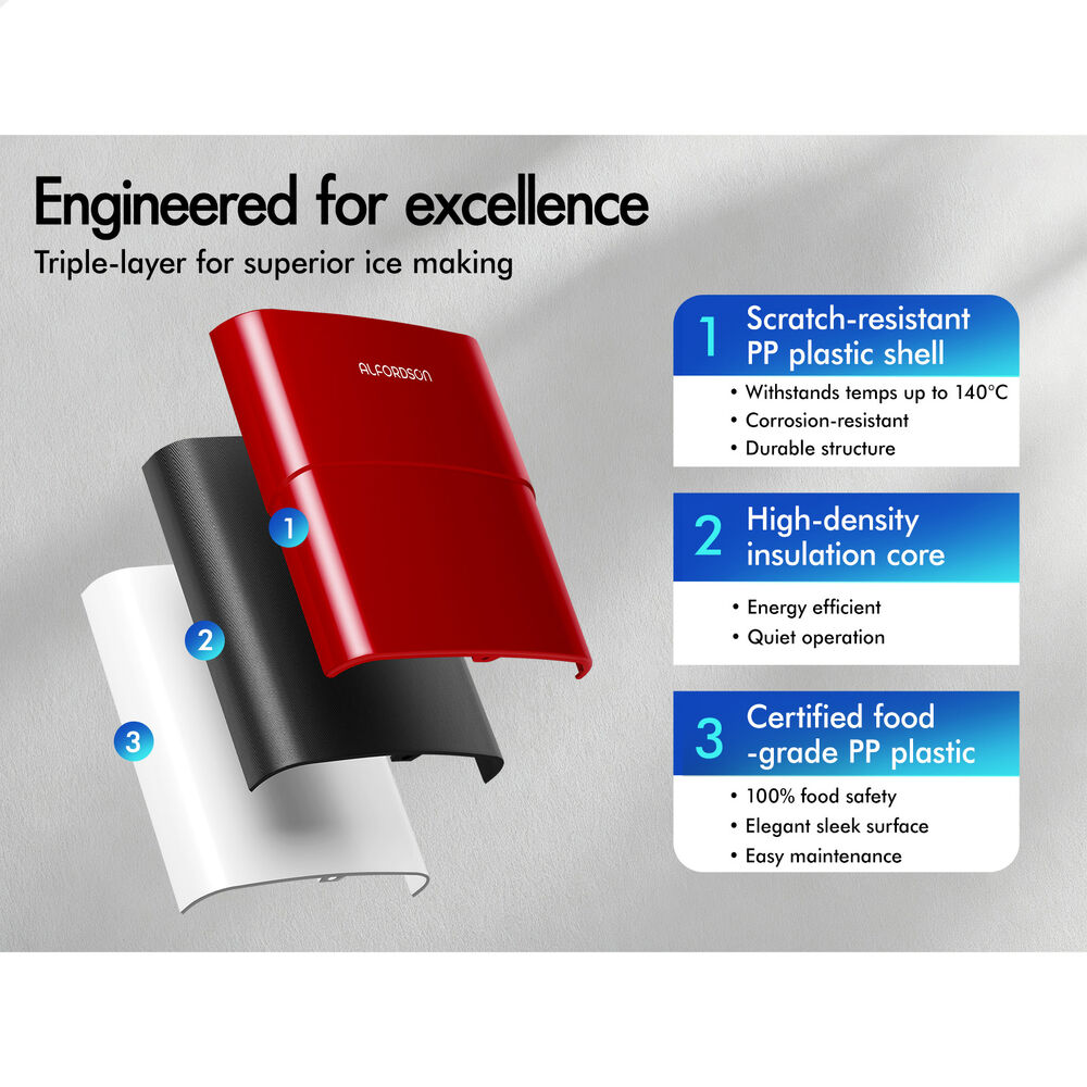 ALFORDSON Ice Maker Machine Commercial Portable 12kg Ice Cube Tray 2.2L Red