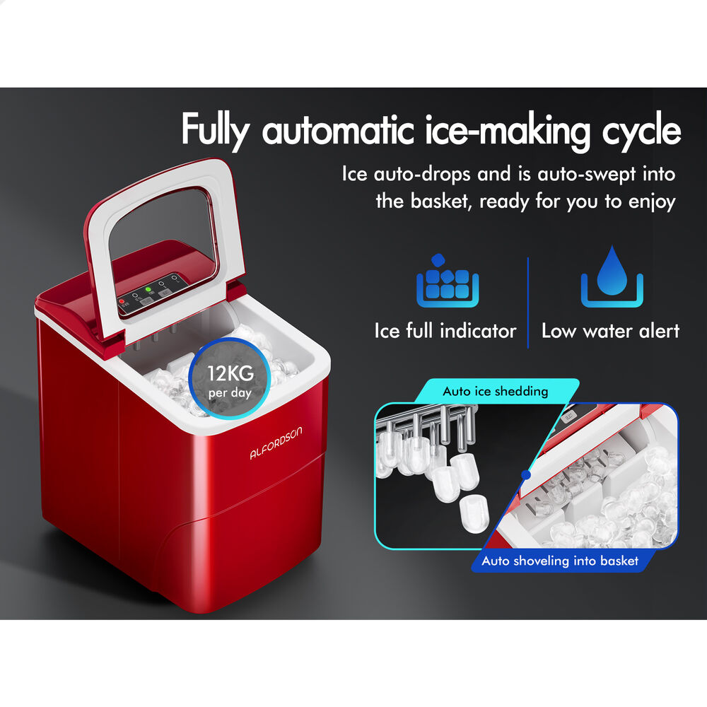 ALFORDSON Ice Maker Machine Commercial Portable 12kg Ice Cube Tray 2.2L Red
