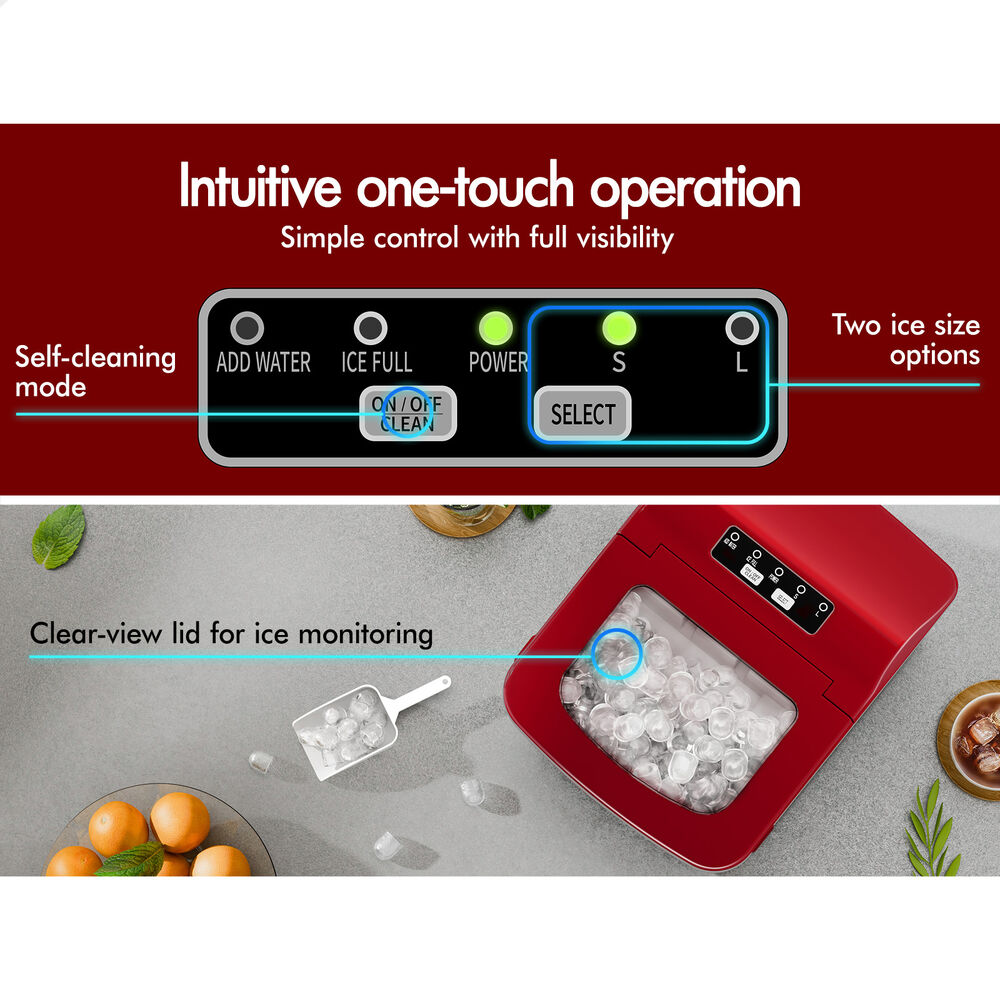 ALFORDSON Ice Maker Machine Commercial Portable 12kg Ice Cube Tray 2.2L Red