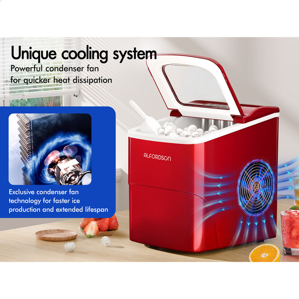 ALFORDSON Ice Maker Machine Commercial Portable 12kg Ice Cube Tray 2.2L Red