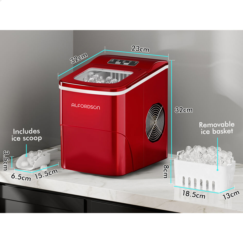 ALFORDSON Ice Maker Machine Commercial Portable 12kg Ice Cube Tray 2.2L Red