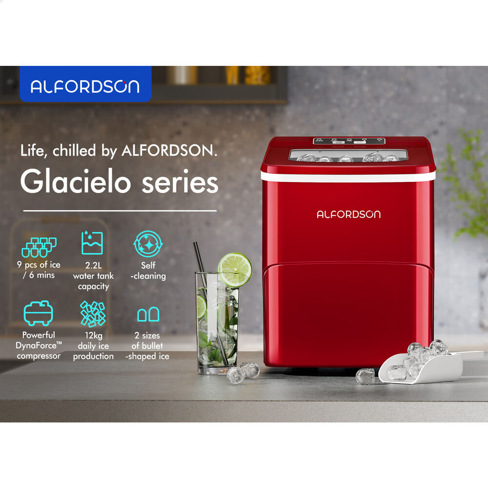 ALFORDSON Ice Maker Machine Commercial Portable 12kg Ice Cube Tray 2.2L Red