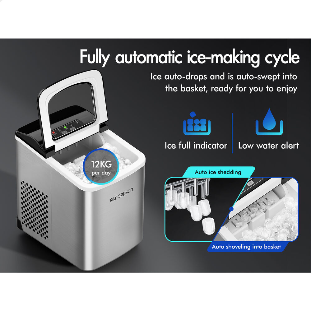 ALFORDSON Portable Ice Maker Machine Commercial 12kg Ice Cube Tray 2.2L Silver