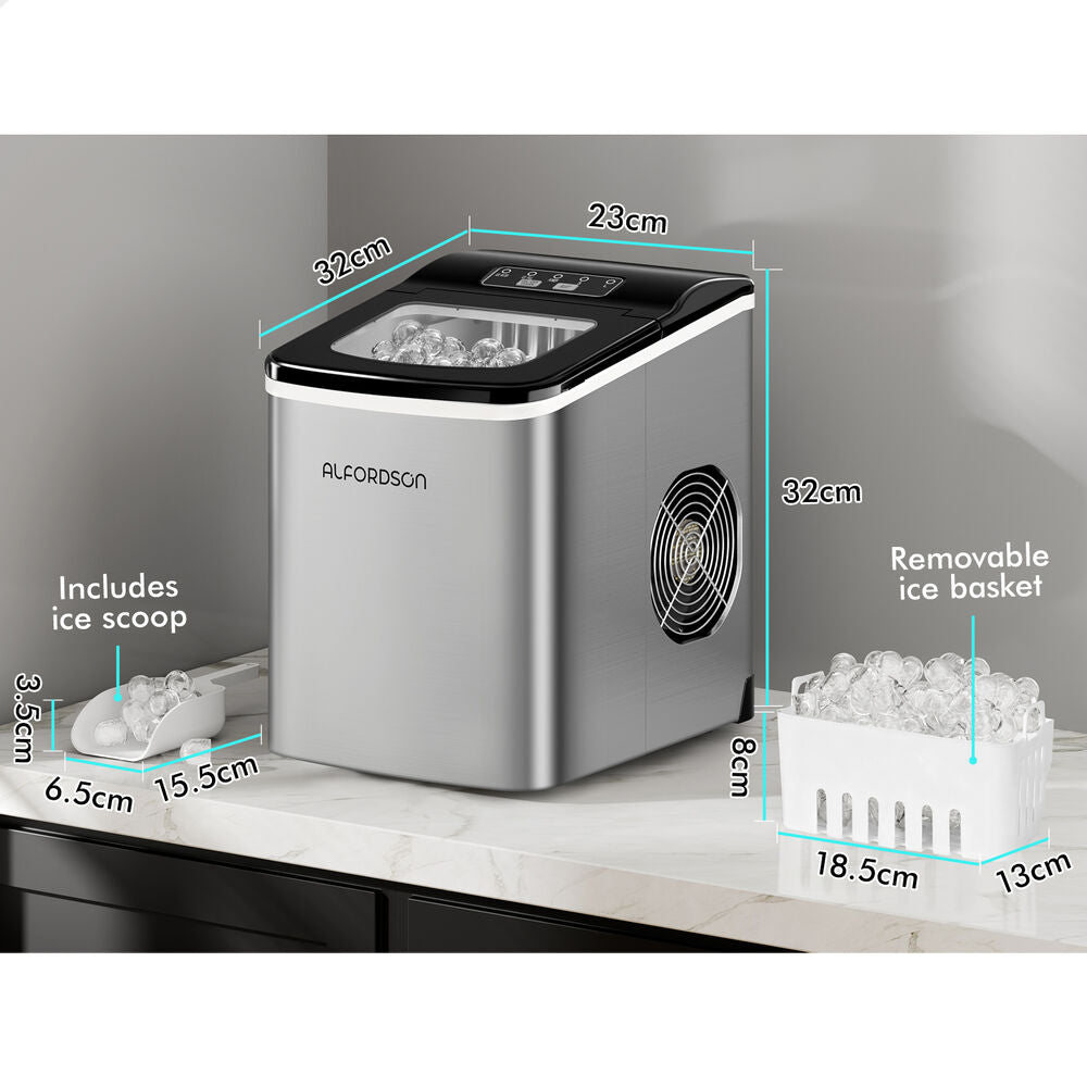 ALFORDSON Portable Ice Maker Machine Commercial 12kg Ice Cube Tray 2.2L Silver
