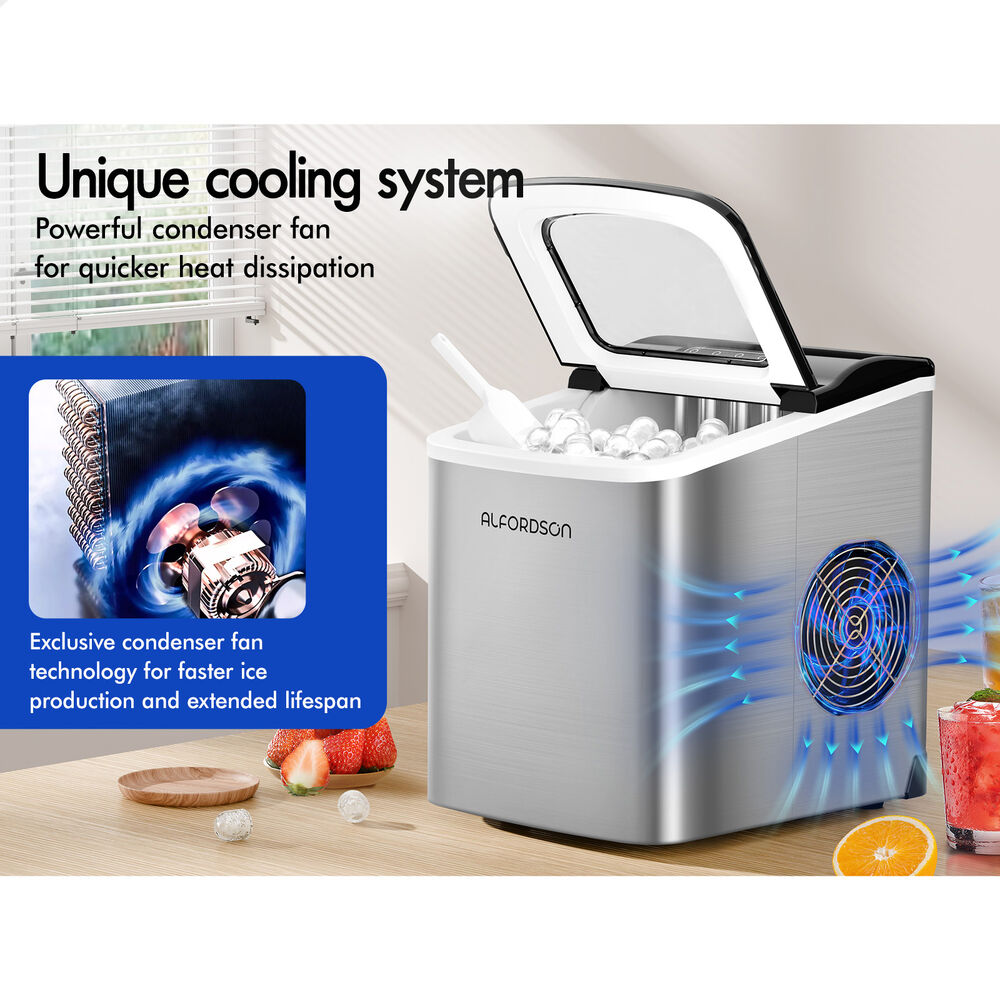 ALFORDSON Portable Ice Maker Machine Commercial 12kg Ice Cube Tray 2.2L Silver