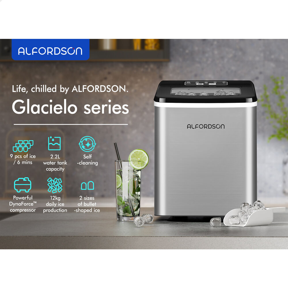 ALFORDSON Portable Ice Maker Machine Commercial 12kg Ice Cube Tray 2.2L Silver