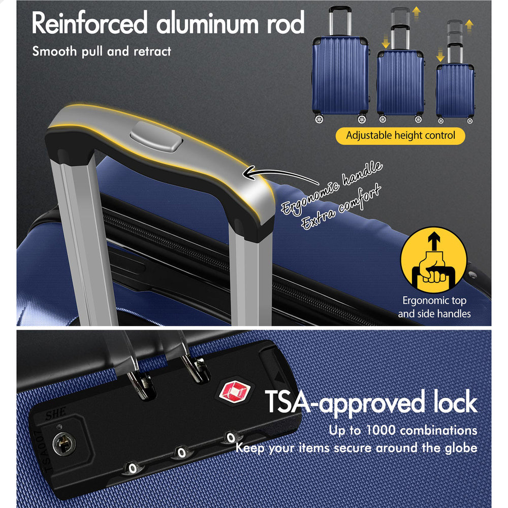 ALFORDSON Luggage 3PCS Suitcase Sets Trolley TSA Carry on Hard Case Navy