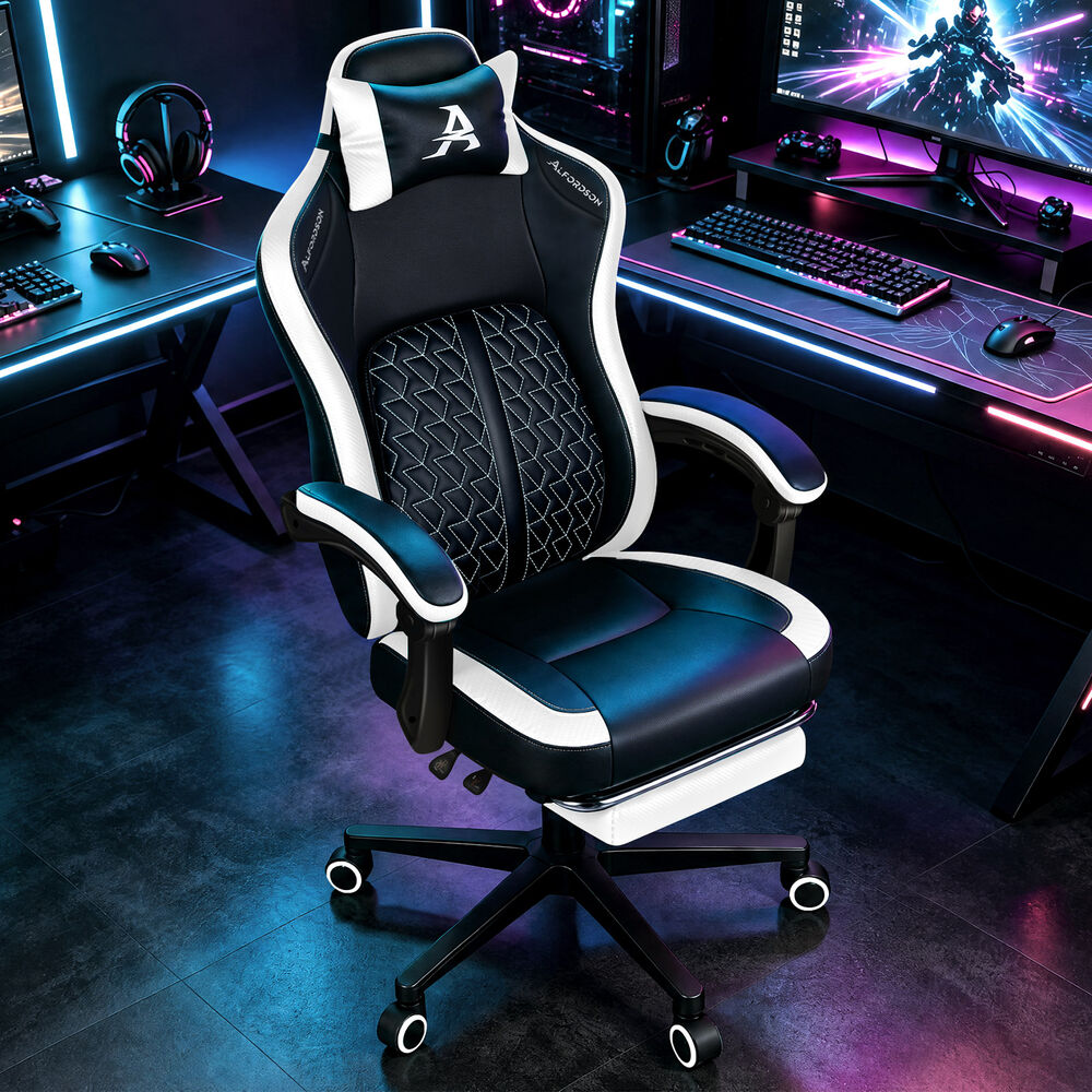 ALFORDSON Gaming Office Chair Ergonomic Computer Footrest Leather Black & White
