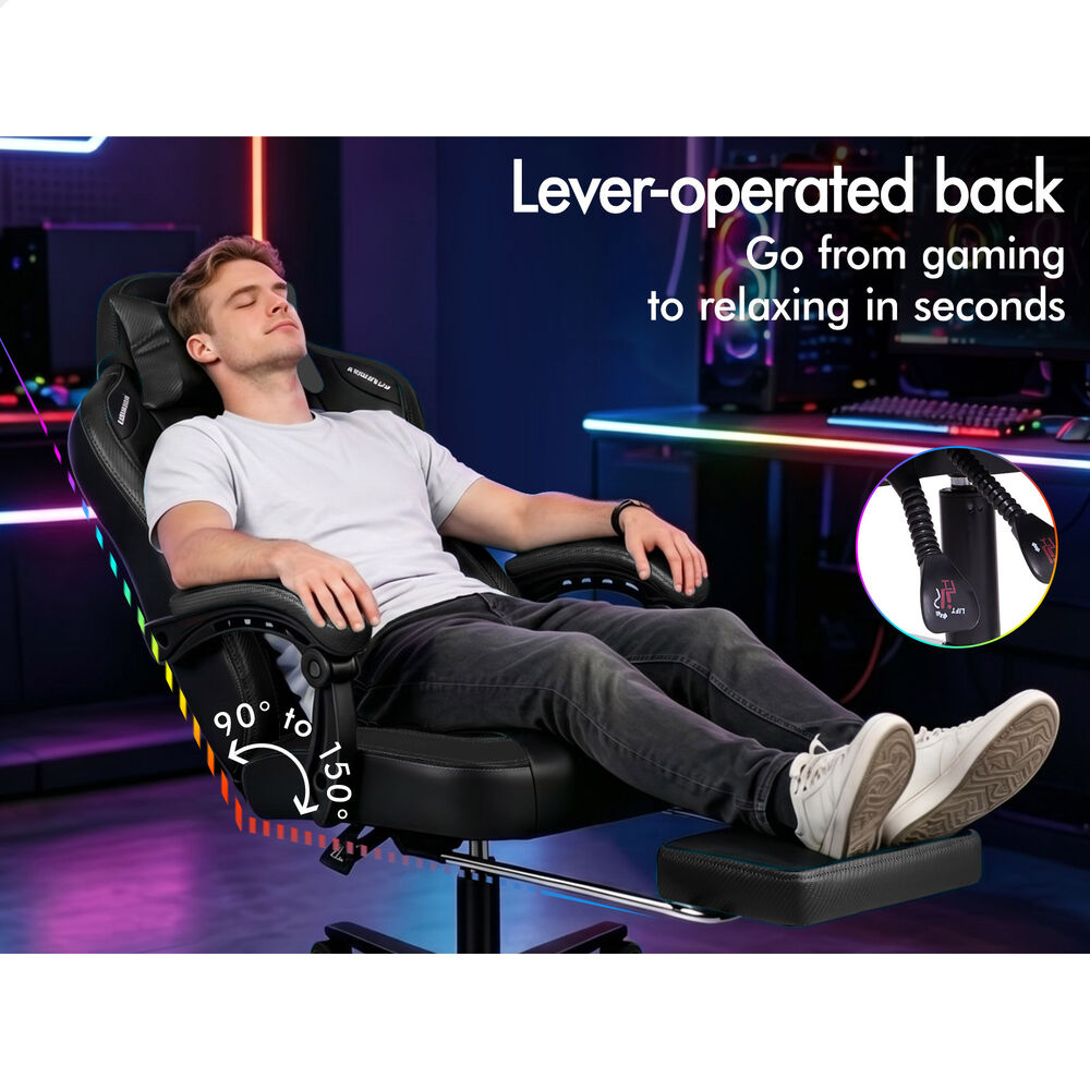 ALFORDSON Gaming Office Chair Ergonomic Computer Footrest Leather All Black