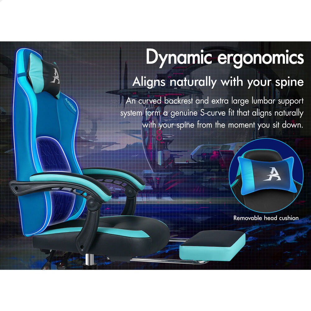 ALFORDSON Gaming Office Chair Ergonomic Computer Footrest Leather Black & Cyan