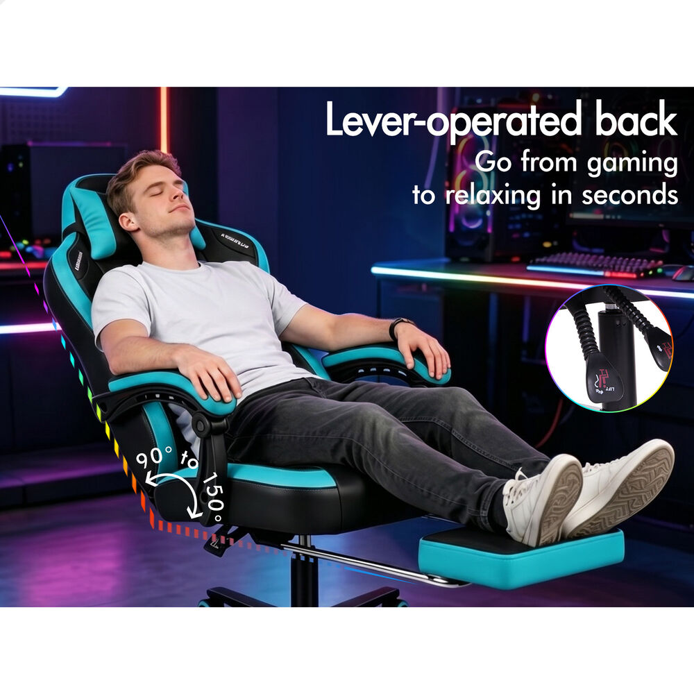 ALFORDSON Gaming Office Chair Ergonomic Computer Footrest Leather Black & Cyan