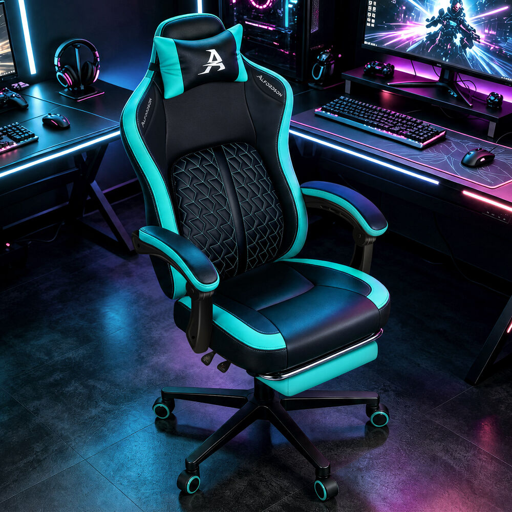 ALFORDSON Gaming Office Chair Ergonomic Computer Footrest Leather Black & Cyan