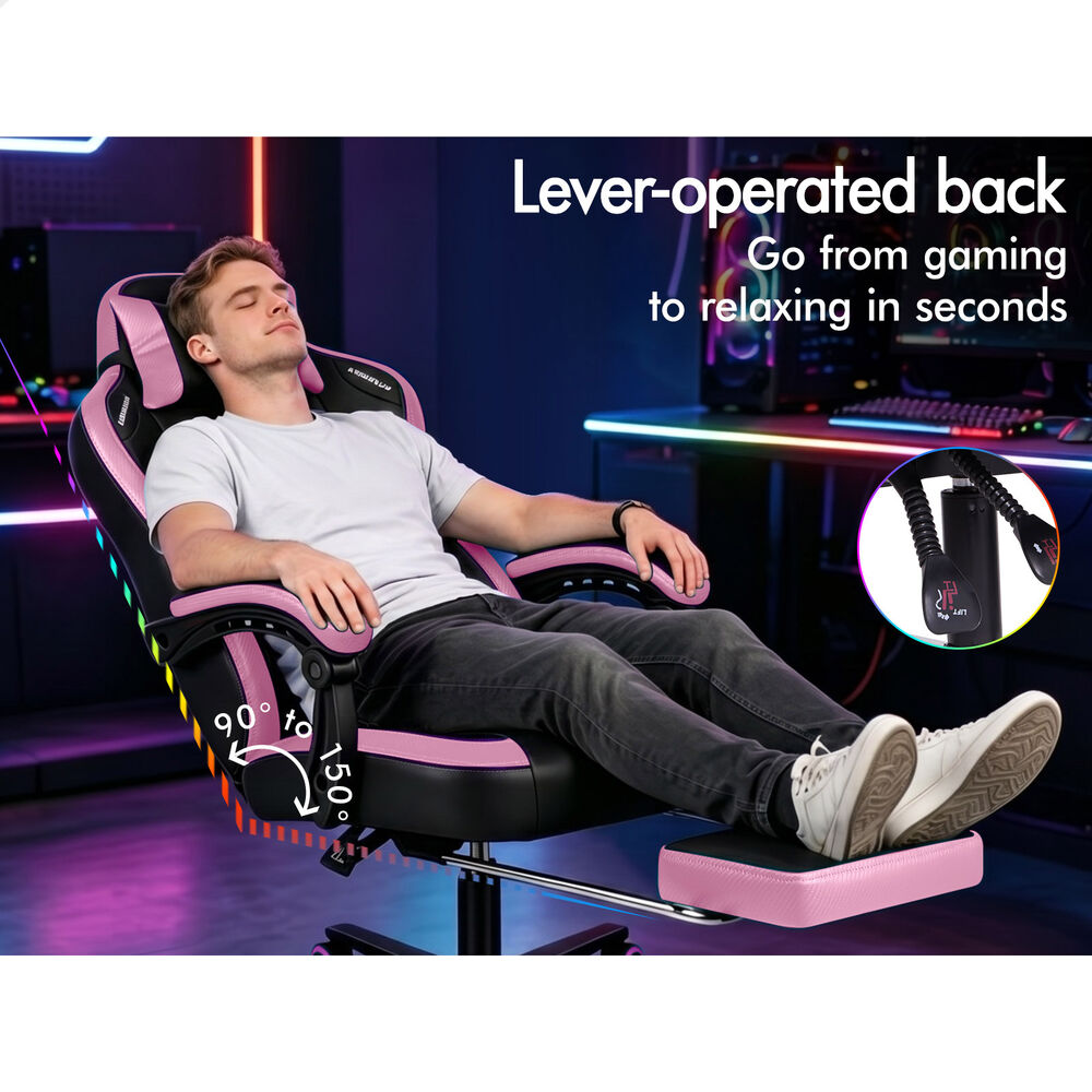 ALFORDSON Gaming Office Chair Ergonomic Computer Footrest Leather Black & Pink