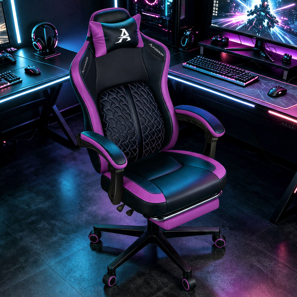 ALFORDSON Gaming Office Chair Ergonomic Computer Footrest Leather Black & Purple