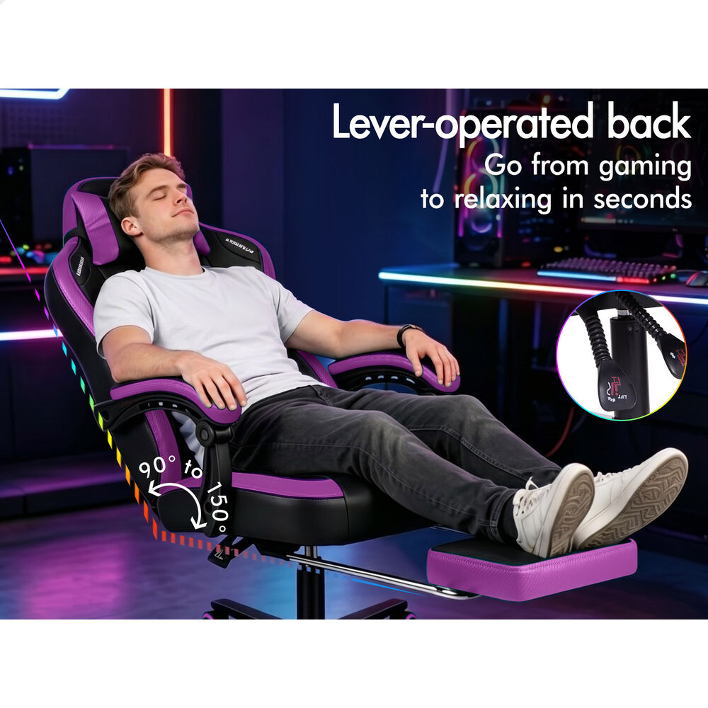 ALFORDSON Gaming Office Chair Ergonomic Computer Footrest Leather Black & Purple