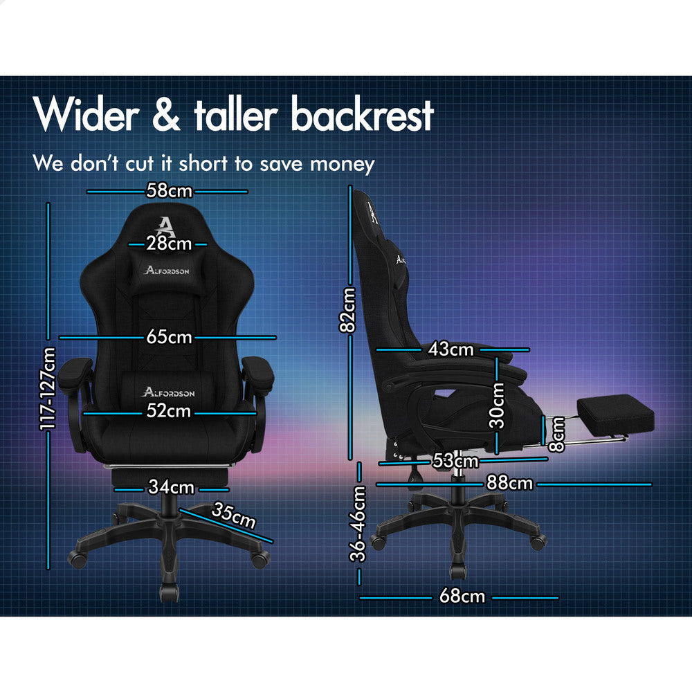 ALFORDSON Gaming Chair Office with 2-Point Massage Lumbar Pillow Fabric Black