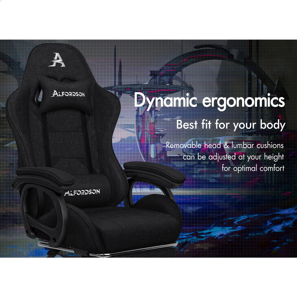 ALFORDSON Gaming Chair Office with 2-Point Massage Lumbar Pillow Fabric Black