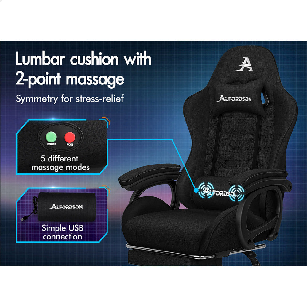 ALFORDSON Gaming Chair Office with 2-Point Massage Lumbar Pillow Fabric Black