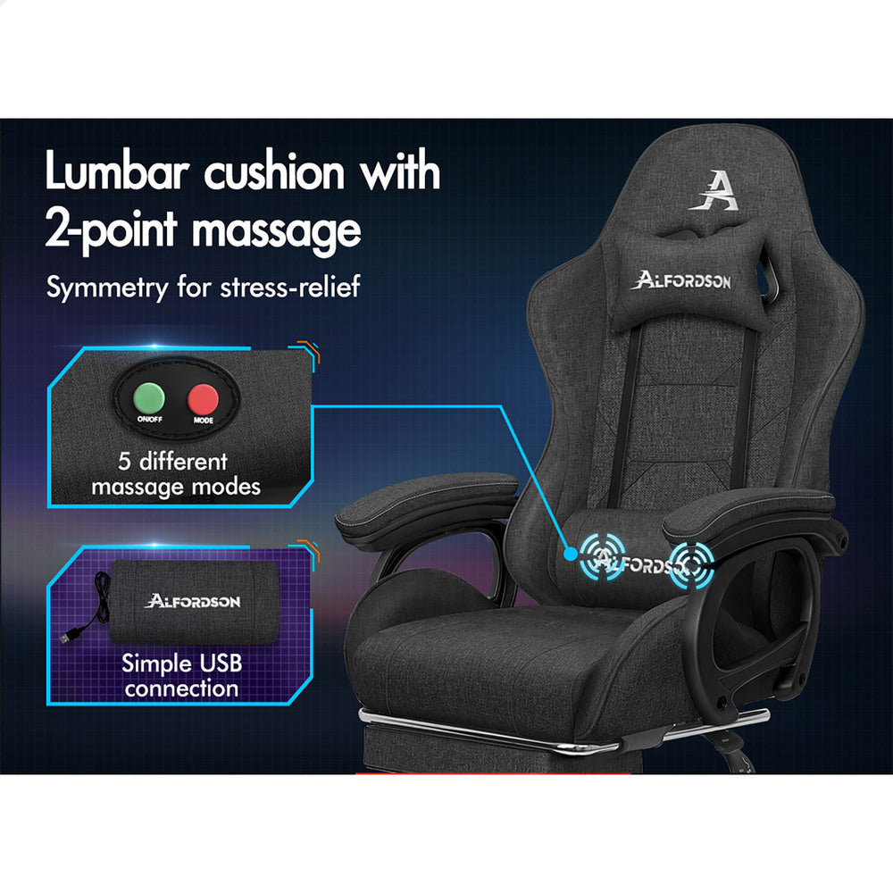 ALFORDSON Gaming Chair Office with 2-Point Massage Lumbar Pillow Fabric Grey