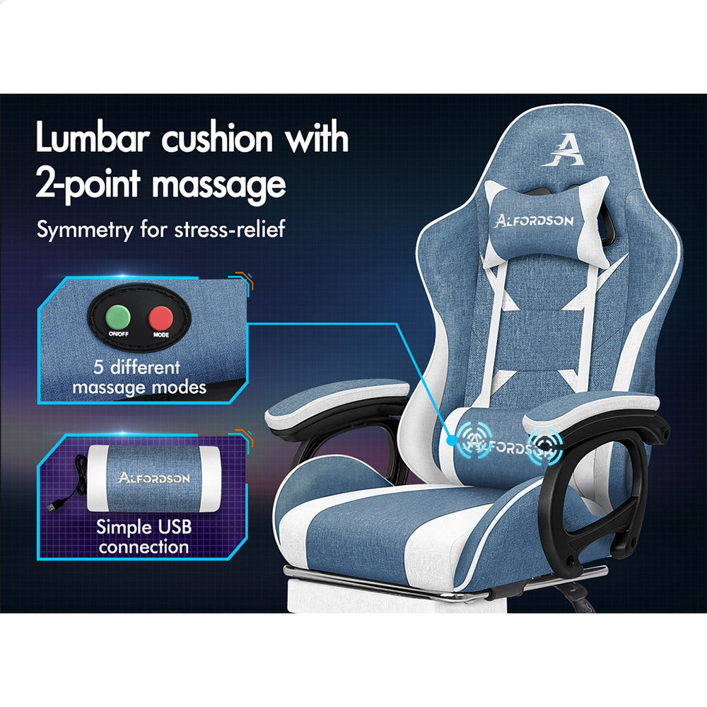 ALFORDSON Gaming Chair Office 2-Point Massage Lumbar Pillow Fabric Blue White