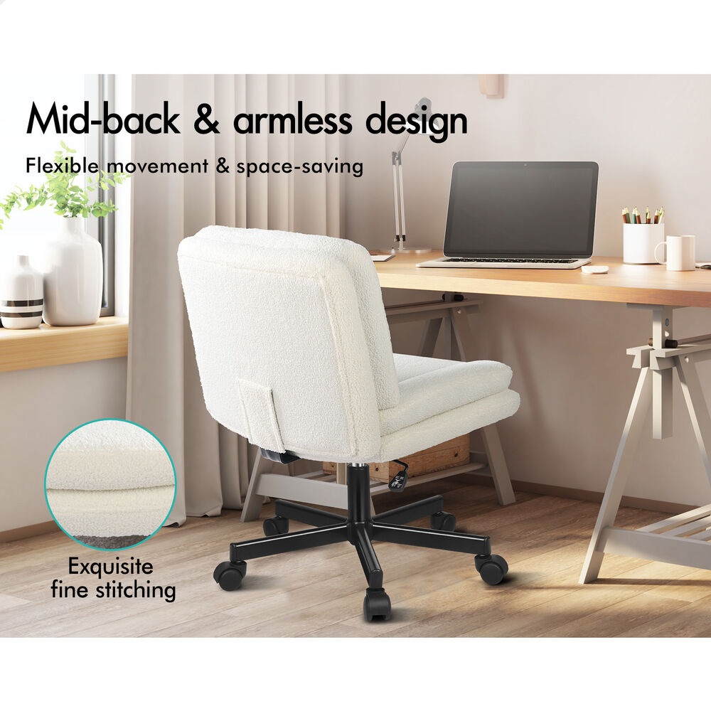 ALFORDSON Armless Office Desk Chair Mid Back Wide Seat w/ Wheels Boucle White