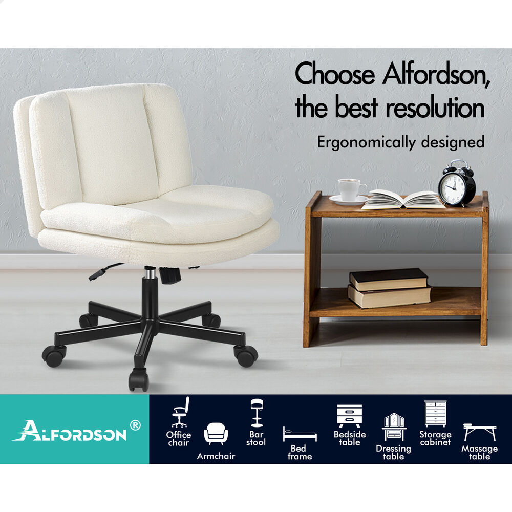 ALFORDSON Armless Office Desk Chair Mid Back Wide Seat w/ Wheels Boucle White