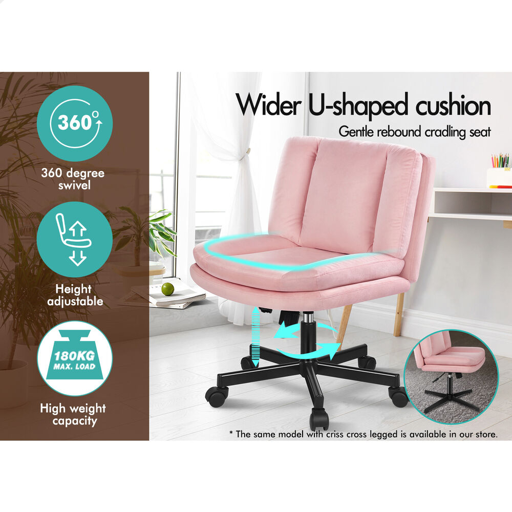 ALFORDSON Armless Office Desk Chair Mid Back Wide Seat w/ Wheels Velvet Pink