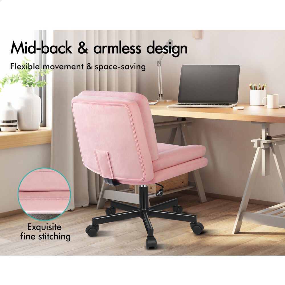 ALFORDSON Armless Office Desk Chair Mid Back Wide Seat w/ Wheels Velvet Pink