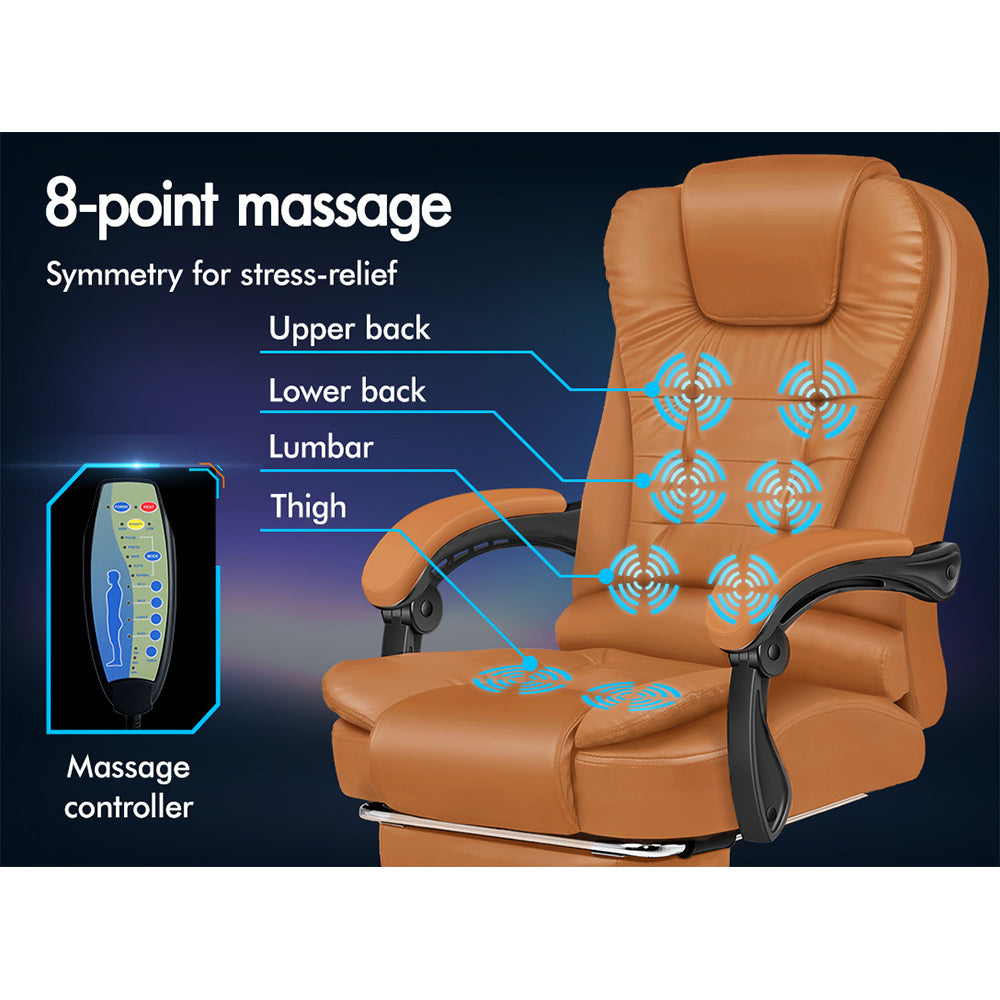 ALFORDSON Massage Office Chair Executive Gaming Racer Heated PU Leather Seat Brown