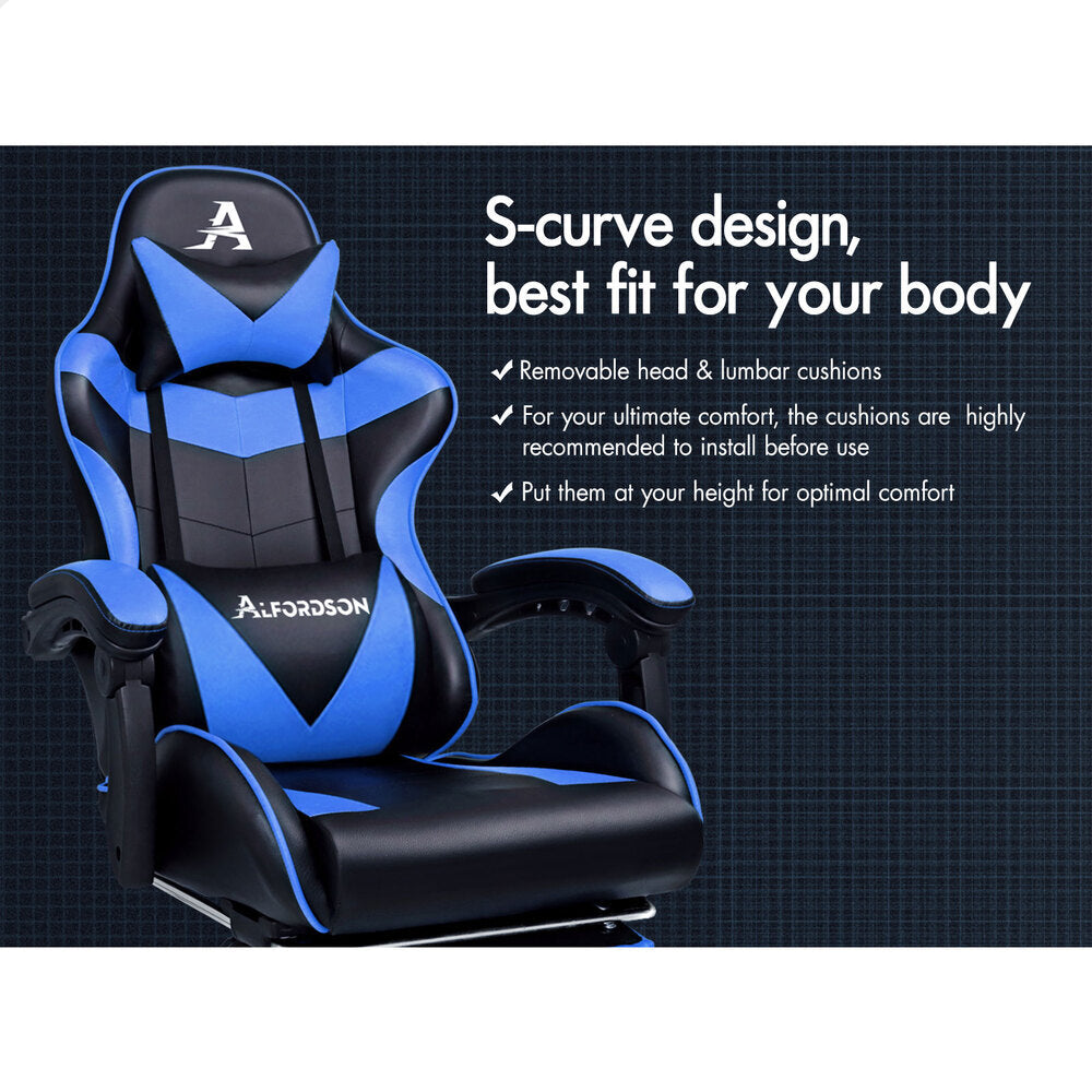 ALFORDSON Gaming Chair Office Massage Computer Racing Seat PU Leather Blue