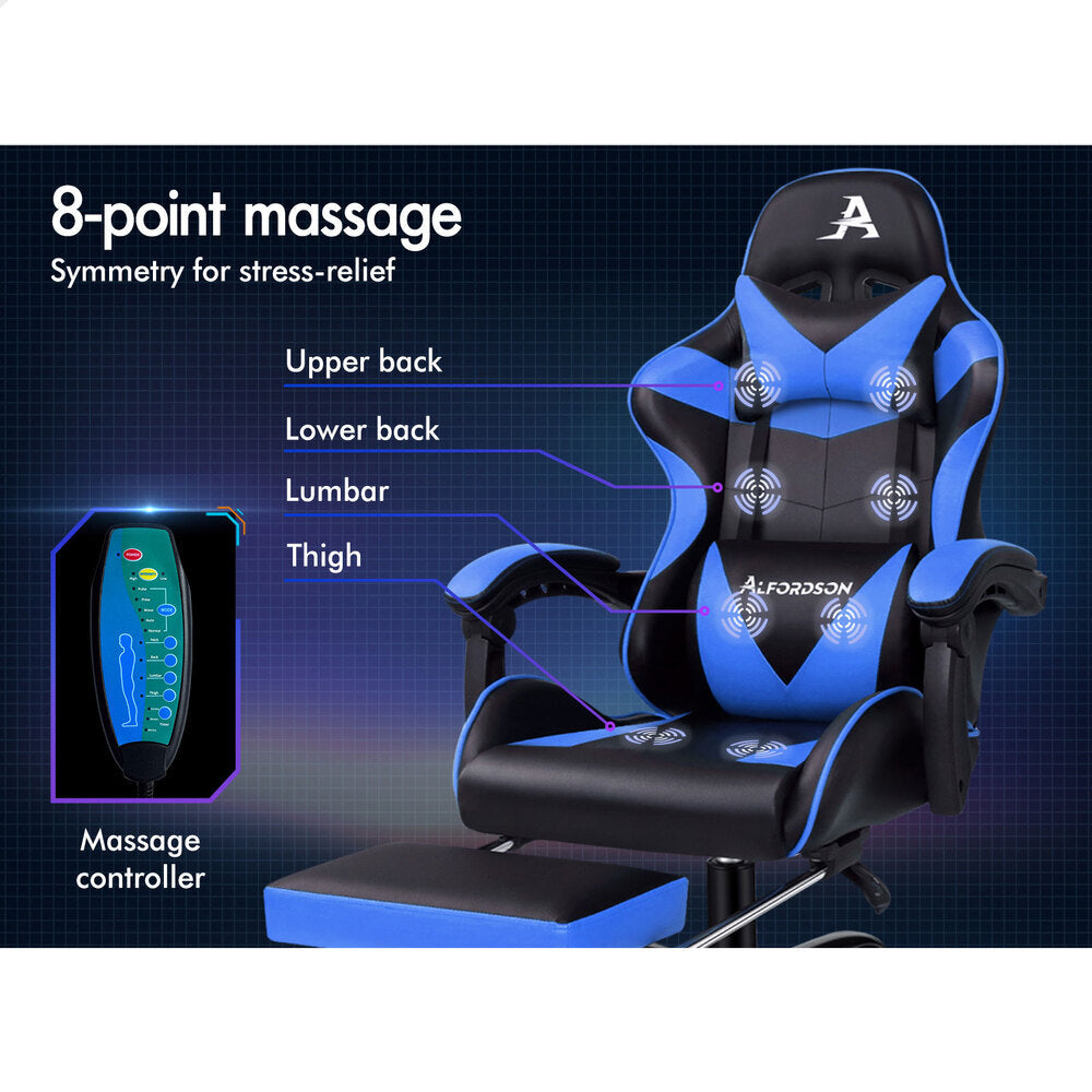 ALFORDSON Gaming Chair Office Massage Computer Racing Seat PU Leather Blue