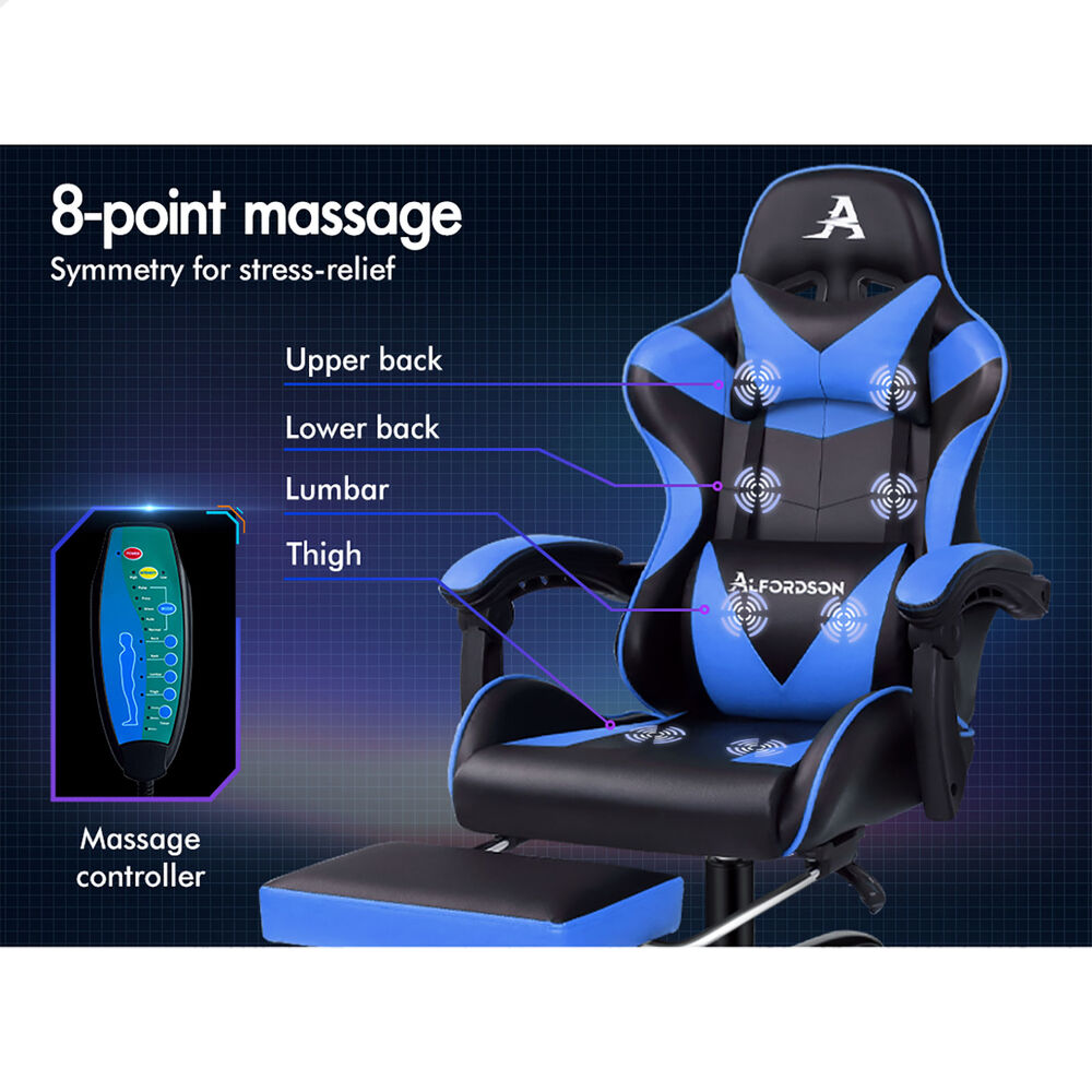 ALFORDSON Gaming Chair Office Massage Computer Racing Seat PU Leather Blue