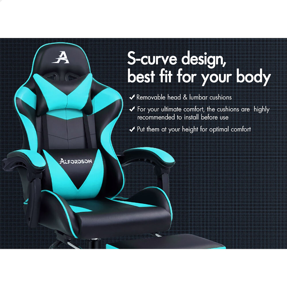 ALFORDSON Gaming Chair Office Massage Computer Racing Seat PU Leather Cyan