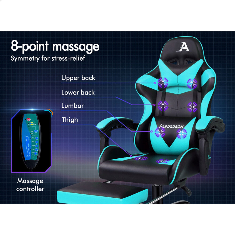 ALFORDSON Gaming Chair Office Massage Computer Racing Seat PU Leather Cyan