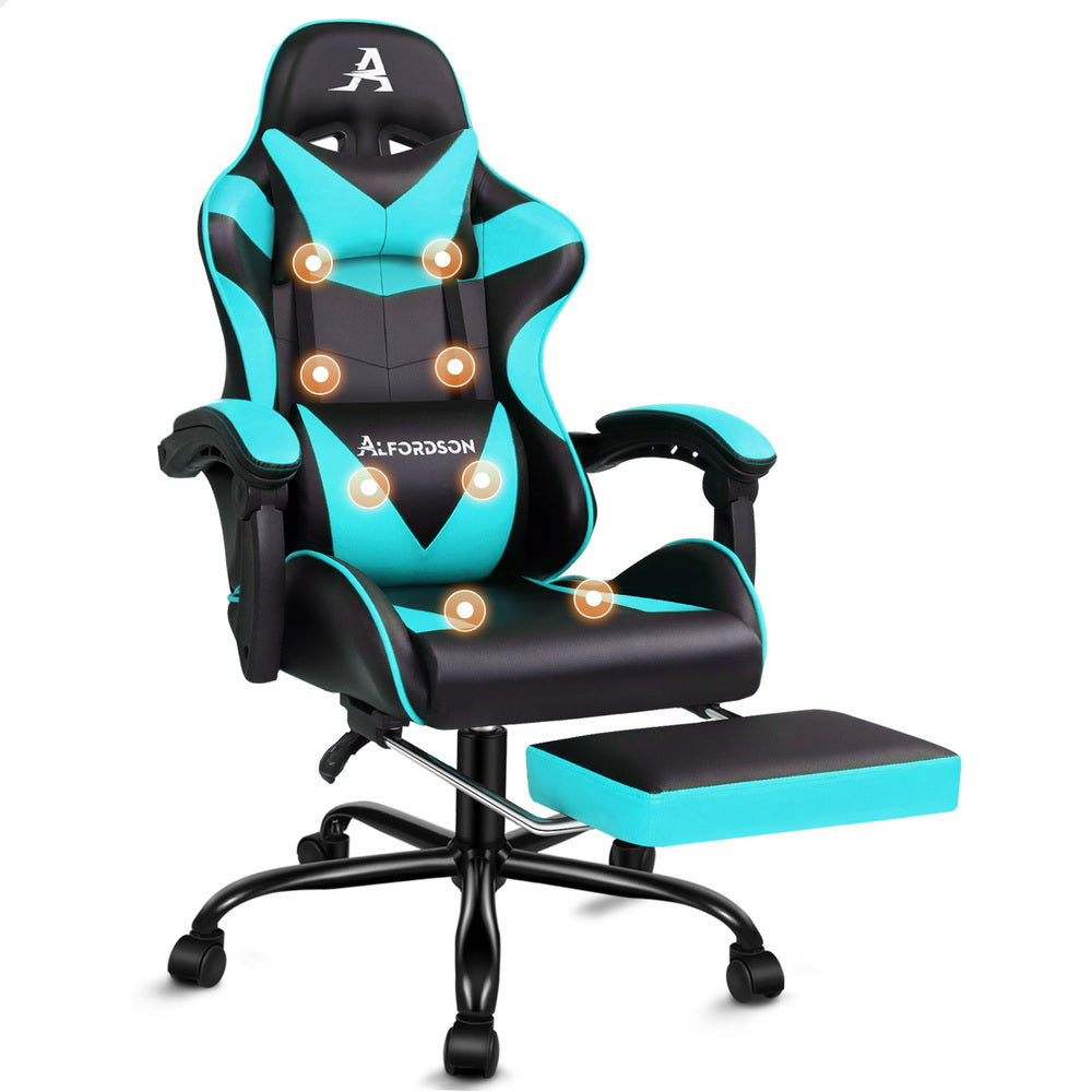 ALFORDSON Gaming Chair Office Massage Computer Racing Seat PU Leather Cyan