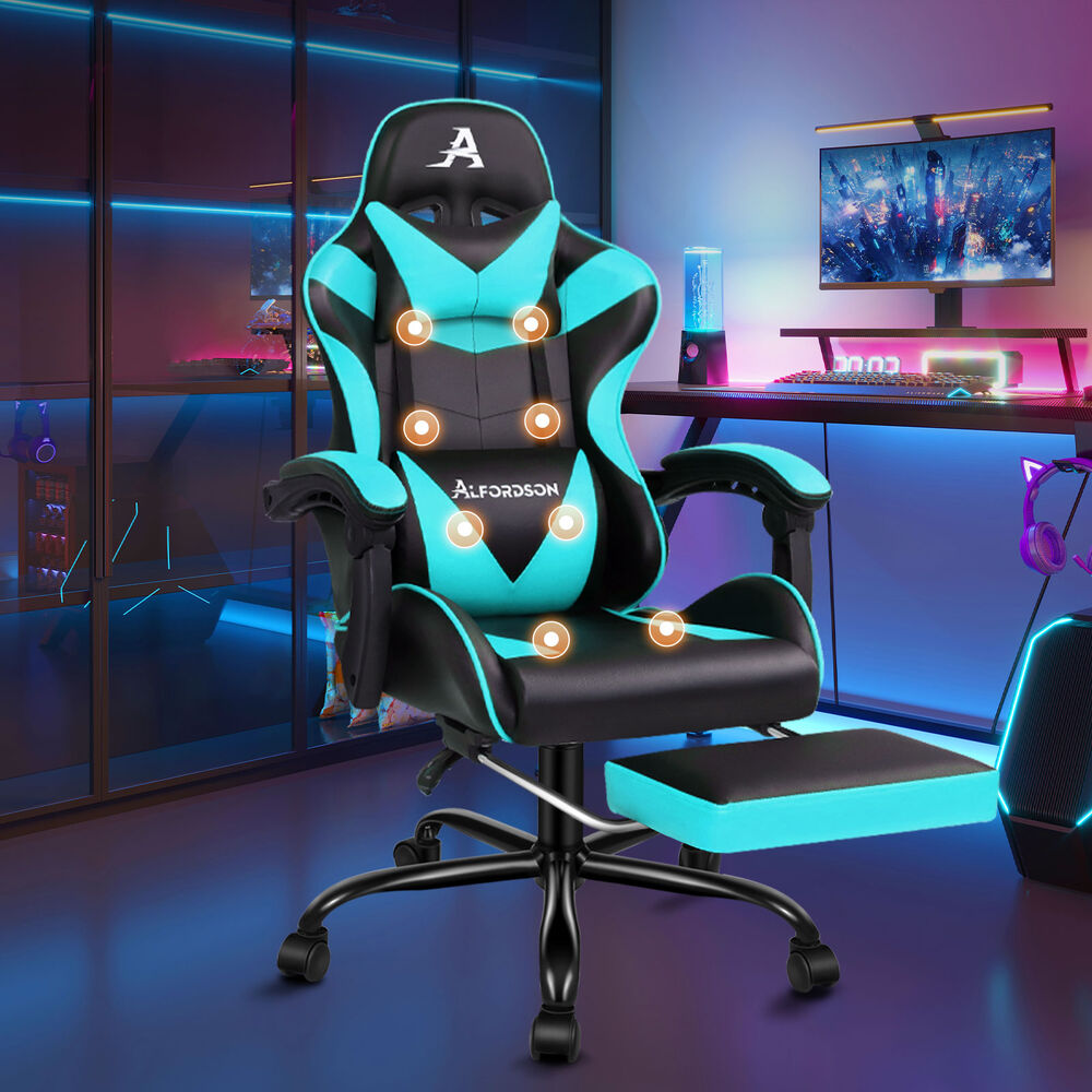 ALFORDSON Gaming Chair Office Massage Computer Racing Seat PU Leather Cyan