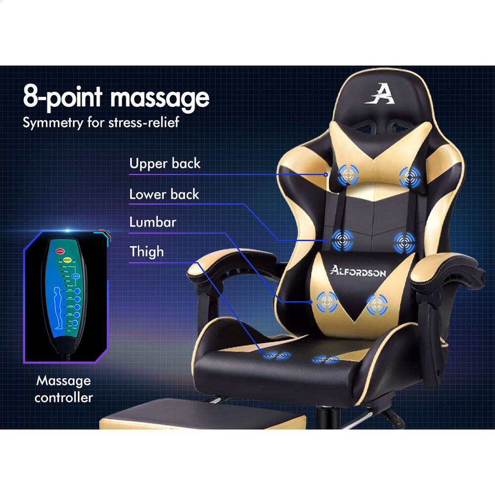 ALFORDSON Gaming Chair Office Massage Computer Racing Seat PU Leather Gold